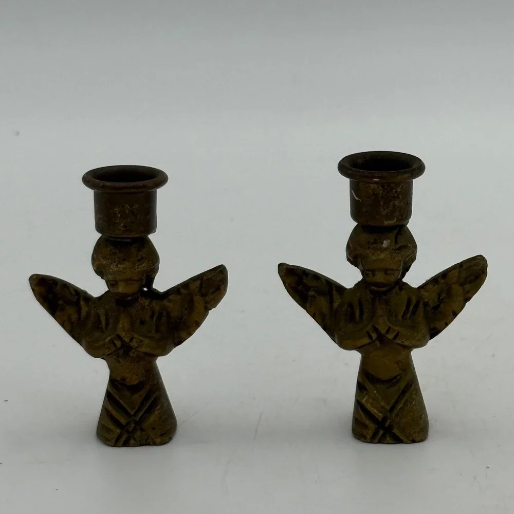 Vintage Brass Praying Angel Miniature Candle Holders Set of 2 Cherub Figurines